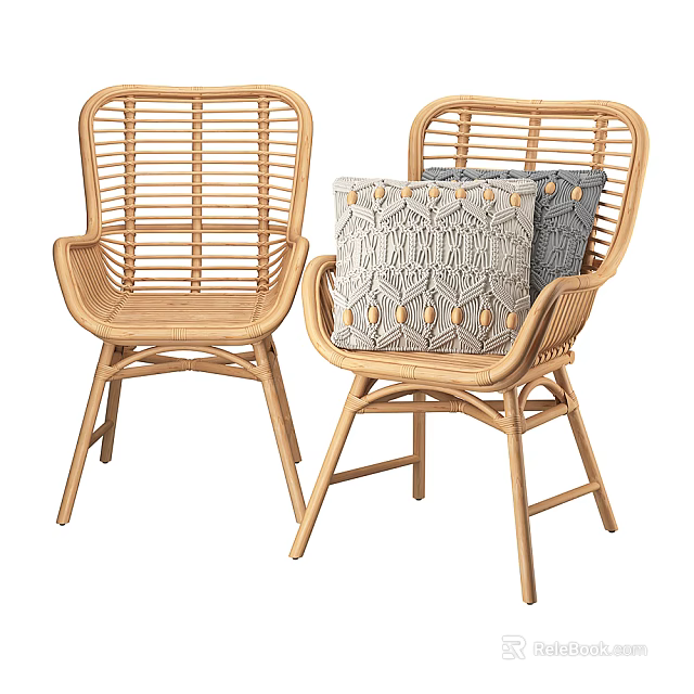 Pair of Rattan Leisure Chairs with Patterned Cushions and Natural Wood Frame 3d model 