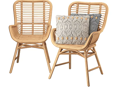 Pair of Rattan Leisure Chairs with Patterned Cushions and Natural Wood Frame 3d model