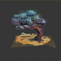 Colorful Tree With Red Trunk Blue Purple Foliage Curved Branch Small Stones Yellow Ground