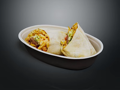 Delicious Cut Burrito With Meat Vegetables And Fries In Paper Bowl 3d model