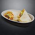 Delicious Cut Burrito With Meat Vegetables And Fries In Paper Bowl