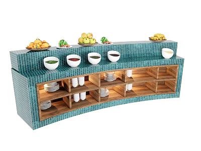 Teal Checkered Buffet Table With Fruits Bowls And Wooden Shelves 3d model