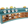 Teal Checkered Buffet Table With Fruits Bowls And Wooden Shelves