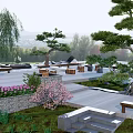 Garden Landscape Featuring Wooden Deck Stone Fire Pit Sculpted Pine Tree And Metal Art Installation