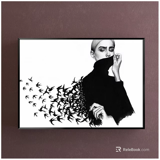Black and White Framed Portrait of Woman in Headscarf with Flying Birds from Black Turtleneck 3d model 