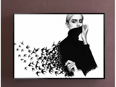 Black and White Framed Portrait of Woman in Headscarf with Flying Birds from Black Turtleneck 3d model