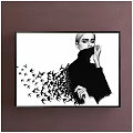 Black and White Framed Portrait of Woman in Headscarf with Flying Birds from Black Turtleneck