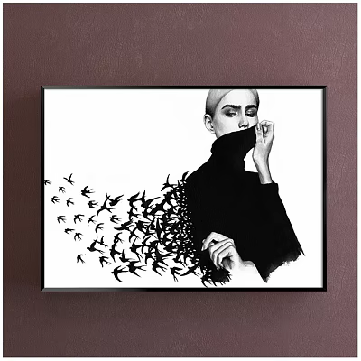 Black and White Framed Portrait of Woman in Headscarf with Flying Birds from Black Turtleneck 3d model