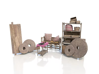 Multi-seater Rattan Sofa with Pink Cushions Alongside Wooden Shelves Round Decor and Small Table 3d model