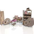 Multi-seater Rattan Sofa with Pink Cushions Alongside Wooden Shelves Round Decor and Small Table