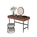 Modern Wooden Dressing Table with Metal Legs Round Mirror Vase Plants and Stool