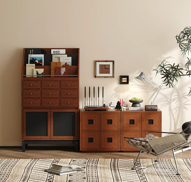 Modern Wooden Entryway Cabinet Sideboard With Storage Drawers Doors Decorative Items Lamp 3d model 