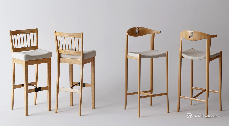 Wooden Bar Stools With Light Colored Seats And Modern Design Details 3d model 