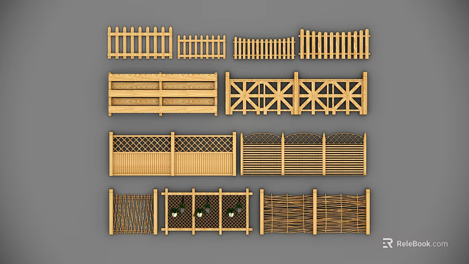 Various Wooden Fence Designs With Decorative Patterns And Classic Styles 3d model 