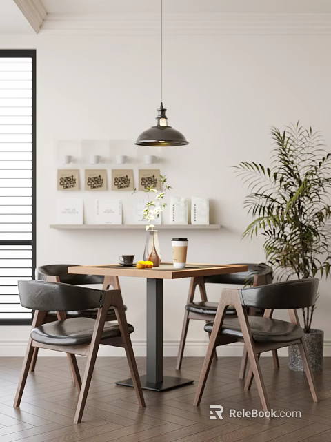Modern Dining Table And Chairs Set With Pendant Light Coffee Cup Vase Shelf And Plant 3d model 