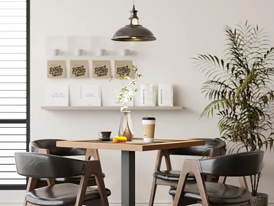Modern Dining Table And Chairs Set With Pendant Light Coffee Cup Vase Shelf And Plant 3d model