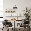 Modern Dining Table And Chairs Set With Pendant Light Coffee Cup Vase Shelf And Plant