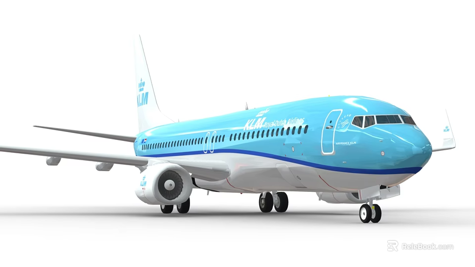 KLM Blue And White Passenger Airplane With Windows And Landing Gear On Ground 3d model 