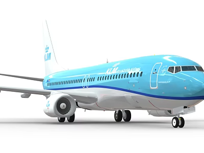 KLM Blue And White Passenger Airplane With Windows And Landing Gear On Ground 3d model