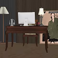 Elegant Wooden Office Desk With Computer Monitor Headphones Table Lamp Green Plant And Framed Artwork