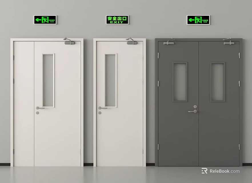 Emergency Exit Doors With White Single And Gray Double Doors And Green Signs 3d model 