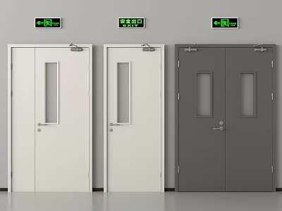 Emergency Exit Doors With White Single And Gray Double Doors And Green Signs 3d model