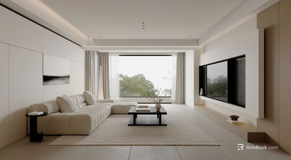 Modern Living Dining Room Interior With Beige Sofa Black Coffee Table Large Window Green View 3d model 