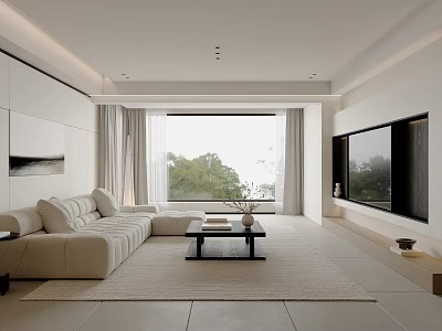 Modern Living Dining Room Interior With Beige Sofa Black Coffee Table Large Window Green View 3d model