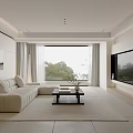Modern Living Dining Room Interior With Beige Sofa Black Coffee Table Large Window Green View