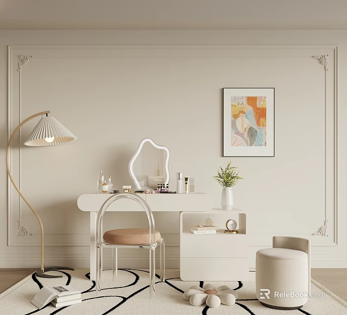 Modern Elegant White Dressing Table With Mirror Floor Lamp Chair Artwork And Ottoman On Decorative Wall 3d model 