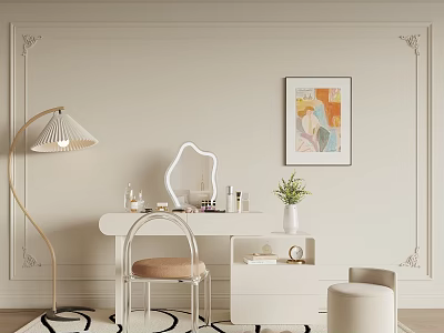 Modern Elegant White Dressing Table With Mirror Floor Lamp Chair Artwork And Ottoman On Decorative Wall 3d model
