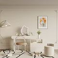 Modern Elegant White Dressing Table With Mirror Floor Lamp Chair Artwork And Ottoman On Decorative Wall