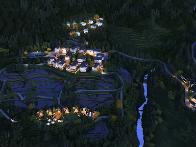 Aerial Planning of Rural Village With Terraces River And Surrounding Forest Lit Buildings 3d model