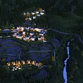 Aerial Planning of Rural Village With Terraces River And Surrounding Forest Lit Buildings