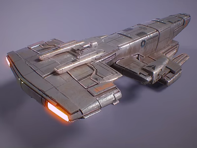 Futuristic Sci-Fi Spaceship 3D Model With Metallic Hull And Orange Thruster Lights 3d model