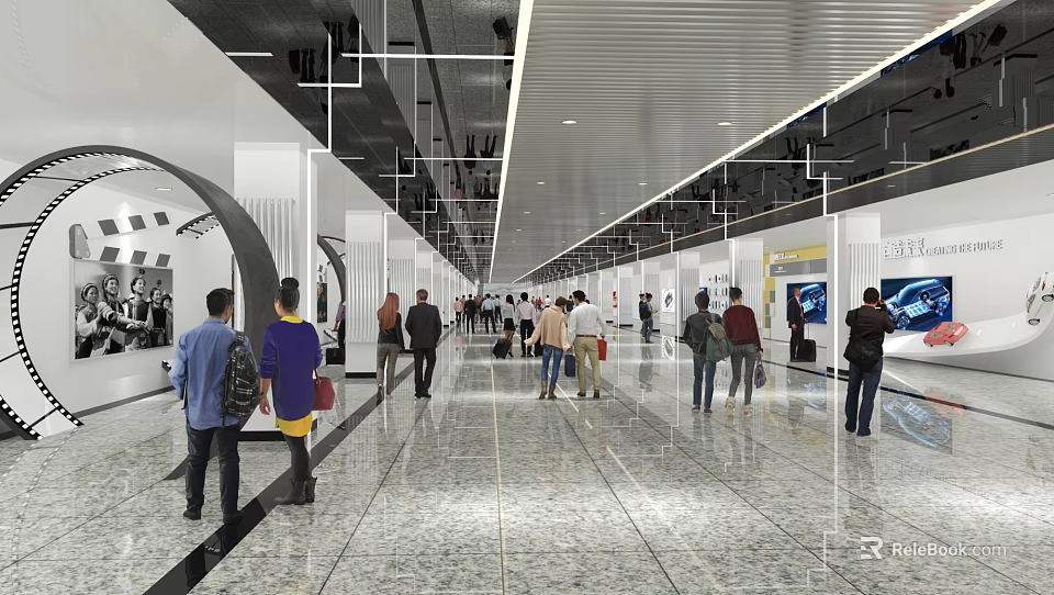 Spacious Exhibition Hall with People Visiting Wall Displays Marble Floor and Ceiling Lights 3d model 