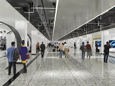 Spacious Exhibition Hall with People Visiting Wall Displays Marble Floor and Ceiling Lights 3d model