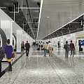 Spacious Exhibition Hall with People Visiting Wall Displays Marble Floor and Ceiling Lights