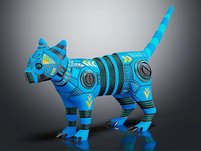 Blue Mechanical Cat Character With Yellow Accents And Detailed Robotic Design 3d model