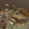 Rustic Garden Decor Setup With Wooden Chair Barrel Campfire Tub And Grass