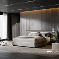 Modern Bedroom Interior Design With Wooden Headboard Wall Built-in Lighting And Floor-to-Ceiling Window
