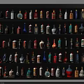 Wine Bottles and Glasses on Multi Layer Display Shelf with Various Colors Shapes 3d model