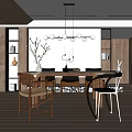 Modern Restaurant Interior With Wooden Dining Table Pendant Lights And Bookshelves