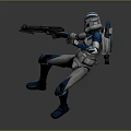 Sci Fi Game Movie Character In Blue White Armor Holding Blaster In Dynamic Action Pose