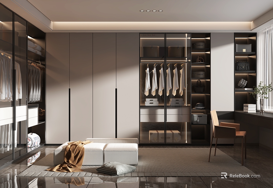 Modern Walk-in Closet Interior With Spacious Cabinets Hanging Clothes And Bench 3d model 