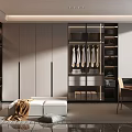 Modern Walk-in Closet Interior With Spacious Cabinets Hanging Clothes And Bench