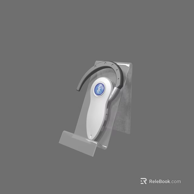 Modern Headphone Speaker With Earhook Design Blue Logo And Transparent Stand 3d model 