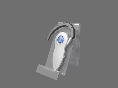 Modern Headphone Speaker With Earhook Design Blue Logo And Transparent Stand 3d model