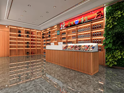 Modern Liquor and Tobacco Store Interior With Wooden Shelves Counter Green Plant Wall And Products 3d model