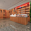 Modern Liquor and Tobacco Store Interior With Wooden Shelves Counter Green Plant Wall And Products